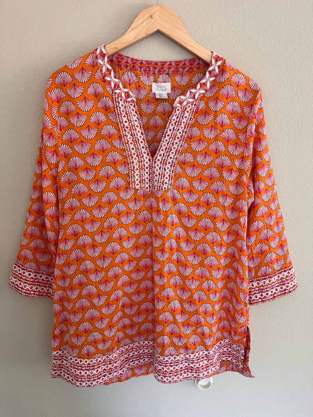Sigrid Olsen Tunic Orange Pink Shells Large Embroidered 3/4 Sleeve Resortwear